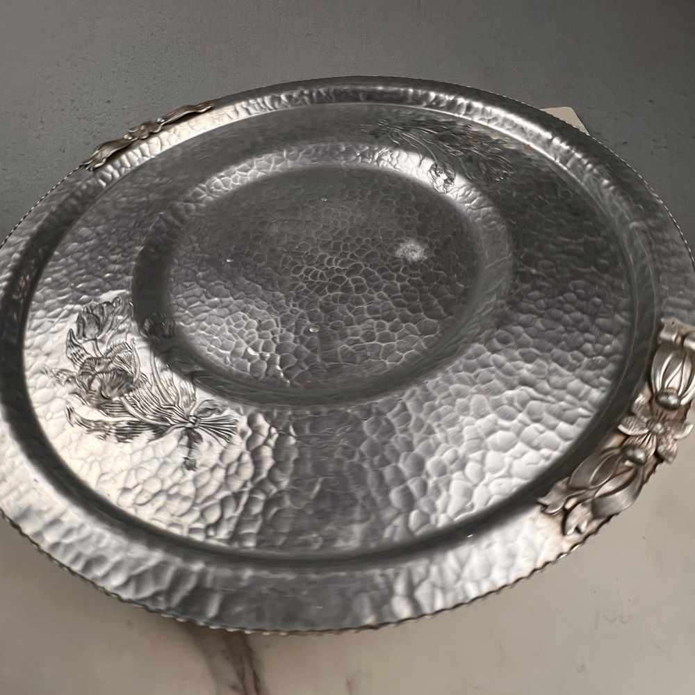 Vintage Hammered Aluminum Footed Serving Tray Silver Tulip Floral Scalloped 14.5 - Picture 14 of 16